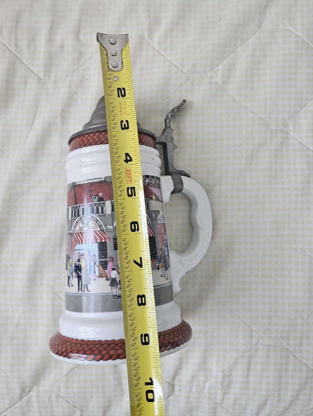 White and Red Ceramic Beer Stein with Decorative Pewter Lid - Picture 9 of 10
